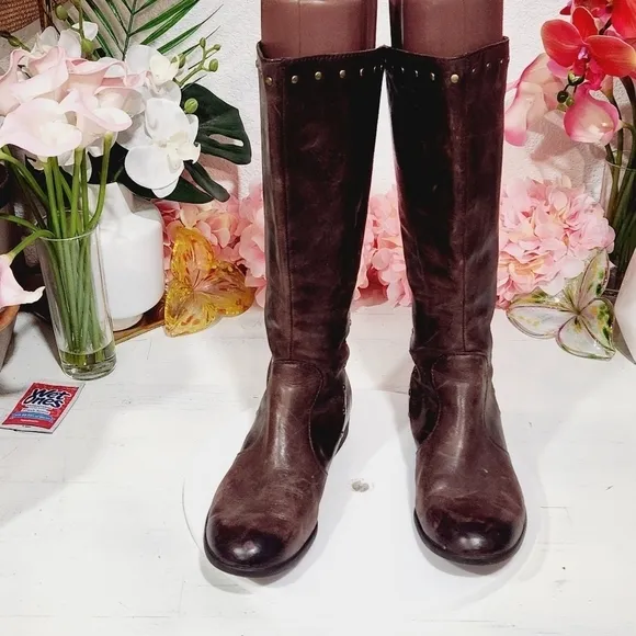 BORN: Tall Brown Leather Gunmetal Gold Studded Detail Boots Size 7.5