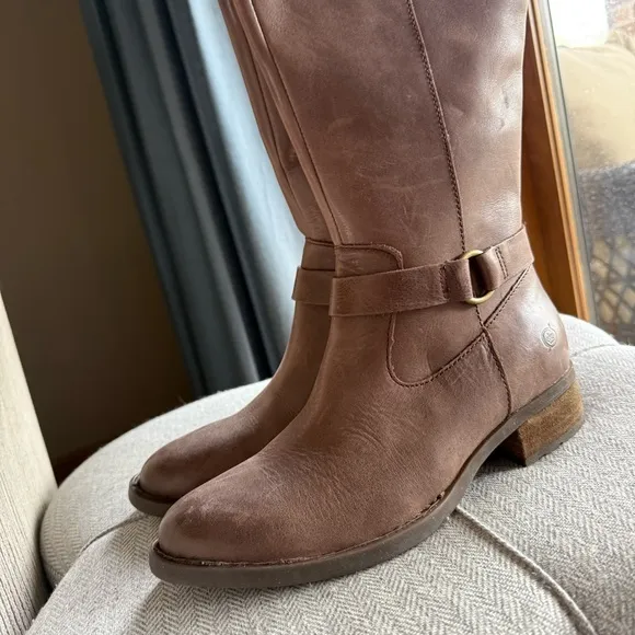 BORN Women's Saddler Taupe Brown Leather Knee-High Boots