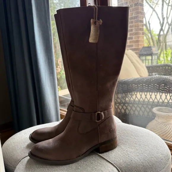 BORN Women's Saddler Taupe Brown Leather Knee-High Boots