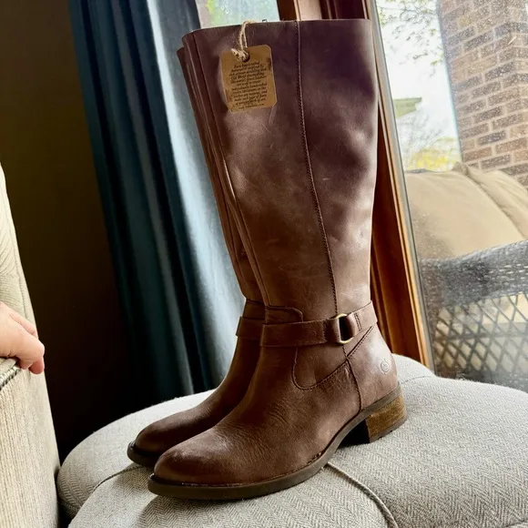 BORN Women's Saddler Taupe Brown Leather Knee-High Boots