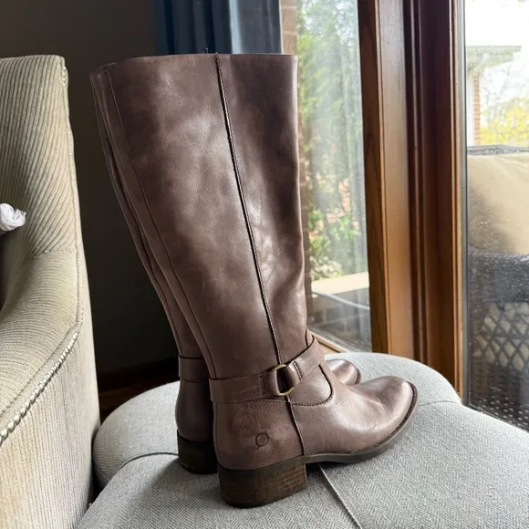 BORN Women's Saddler Taupe Brown Leather Knee-High Boots