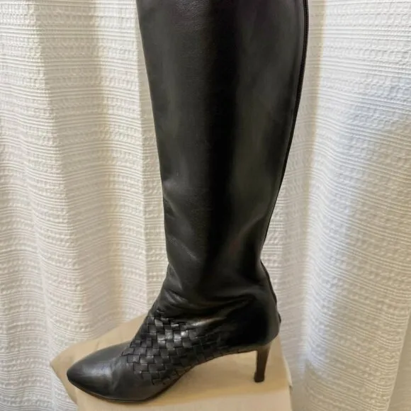 BOTTEGA VENETA Intrecciato Woven Knee High Black Boots size 39
