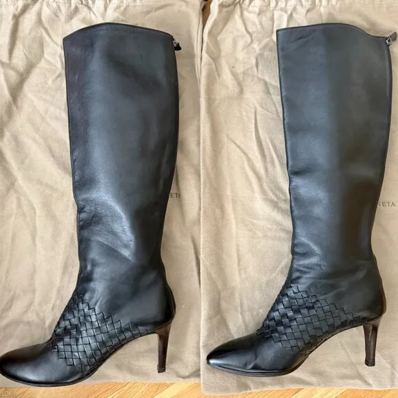 BOTTEGA VENETA Intrecciato Woven Knee High Black Boots size 39