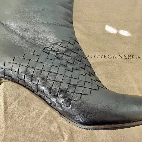 BOTTEGA VENETA Intrecciato Woven Knee High Black Boots size 39