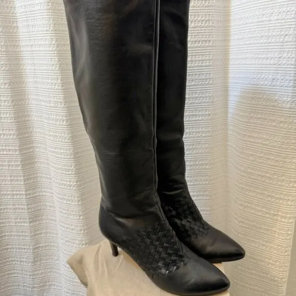 BOTTEGA VENETA Intrecciato Woven Knee High Black Boots size 39
