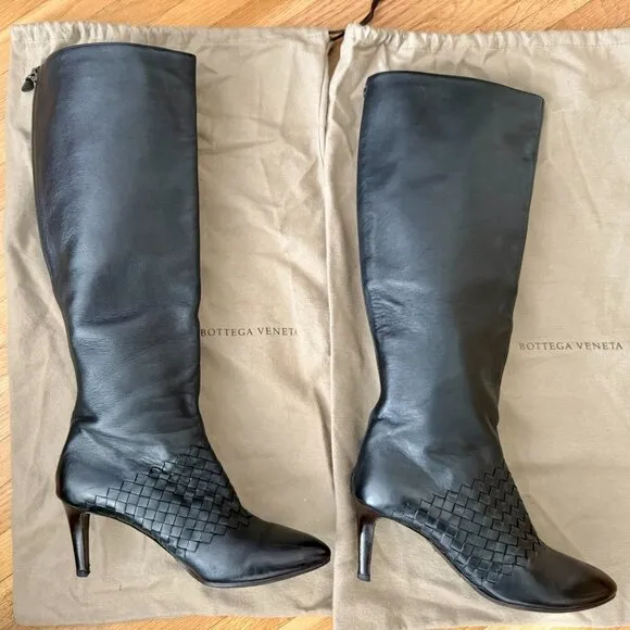BOTTEGA VENETA Intrecciato Woven Knee High Black Boots size 39