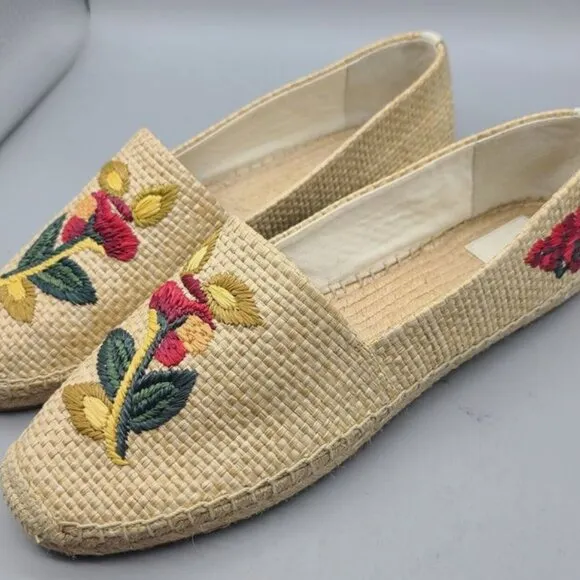 Brand New Tory Burch Sz 7.5 Women Raffia Flat Espadrilles Straw Natural Flower