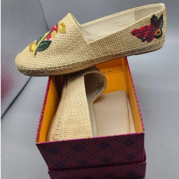 Brand New Tory Burch Sz 7.5 Women Raffia Flat Espadrilles Straw Natural Flower