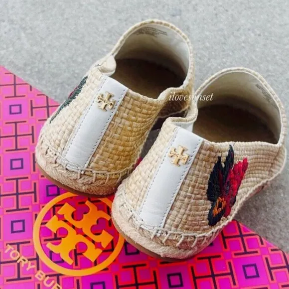 Brand New Tory Burch Sz 7.5 Women Raffia Flat Espadrilles Straw Natural Flower