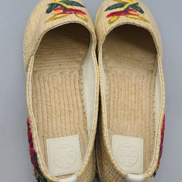 Brand New Tory Burch Sz 7.5 Women Raffia Flat Espadrilles Straw Natural Flower