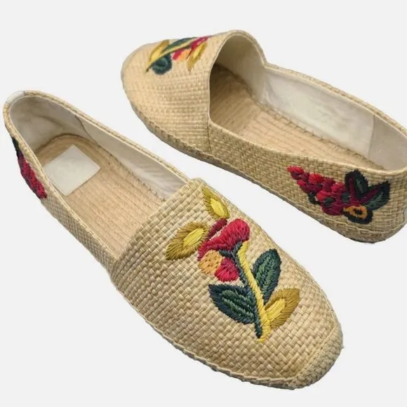Brand New Tory Burch Sz 7.5 Women Raffia Flat Espadrilles Straw Natural Flower