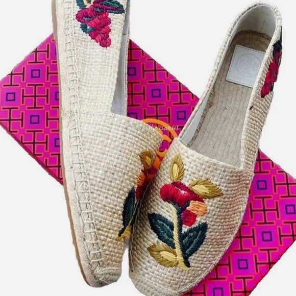 Brand New Tory Burch Sz 7.5 Women Raffia Flat Espadrilles Straw Natural Flower