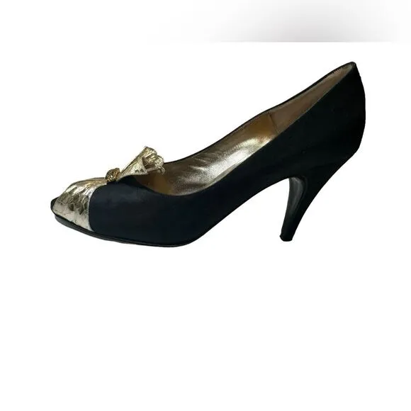 Bruno Magli Vintage Black Gold Rhinestone Peep Toe Evening Shoes Heels Size 7
