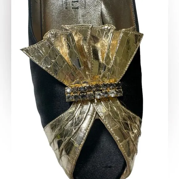 Bruno Magli Vintage Black Gold Rhinestone Peep Toe Evening Shoes Heels Size 7