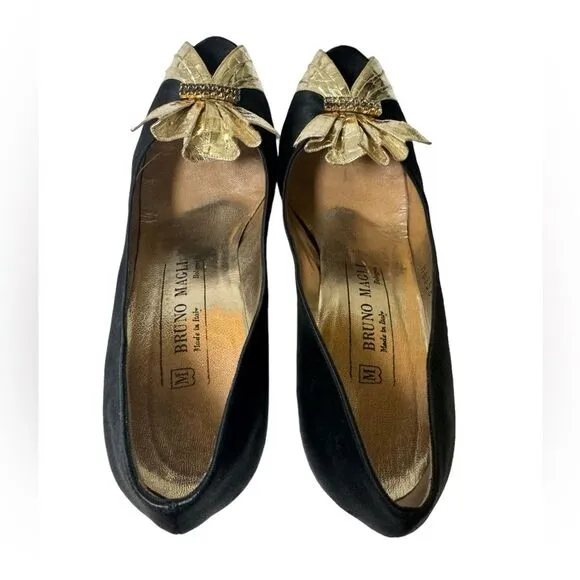 Bruno Magli Vintage Black Gold Rhinestone Peep Toe Evening Shoes Heels Size 7
