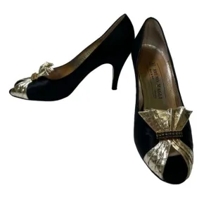 Bruno Magli Vintage Black Gold Rhinestone Peep Toe Evening Shoes Heels Size 7
