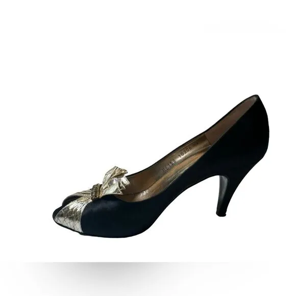 Bruno Magli Vintage Black Gold Rhinestone Peep Toe Evening Shoes Heels Size 7