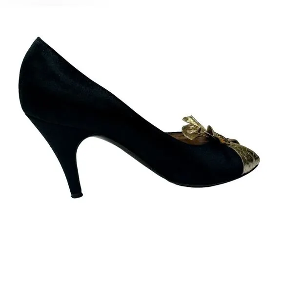Bruno Magli Vintage Black Gold Rhinestone Peep Toe Evening Shoes Heels Size 7