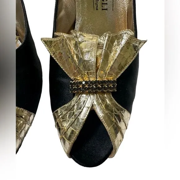 Bruno Magli Vintage Black Gold Rhinestone Peep Toe Evening Shoes Heels Size 7