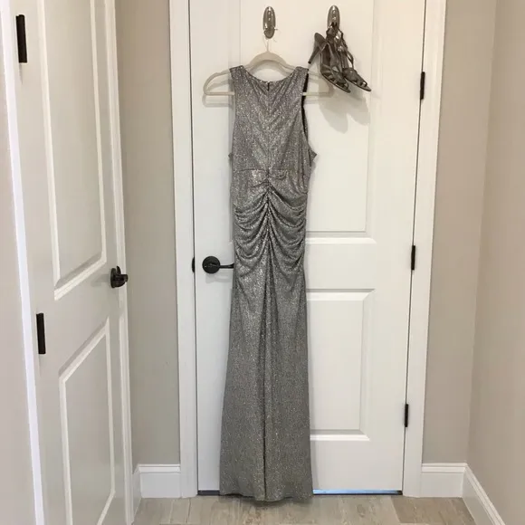 Cachet Silver Embellished Gown, Size 14 LIKE NEW