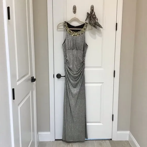 Cachet Silver Embellished Gown, Size 14 LIKE NEW