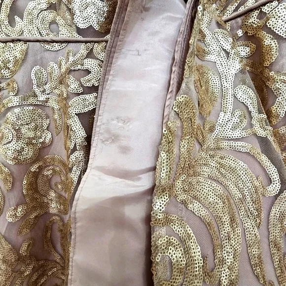 Calvin Klein Gold Sequin w/Nude Boat Neck A-line Sleeveless Evening Prom Gown