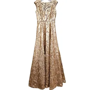 Calvin Klein Gold Sequin w/Nude Boat Neck A-line Sleeveless Evening Prom Gown