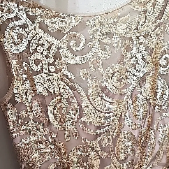 Calvin Klein Gold Sequin w/Nude Boat Neck A-line Sleeveless Evening Prom Gown
