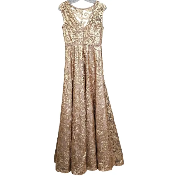 Calvin Klein Gold Sequin w/Nude Boat Neck A-line Sleeveless Evening Prom Gown