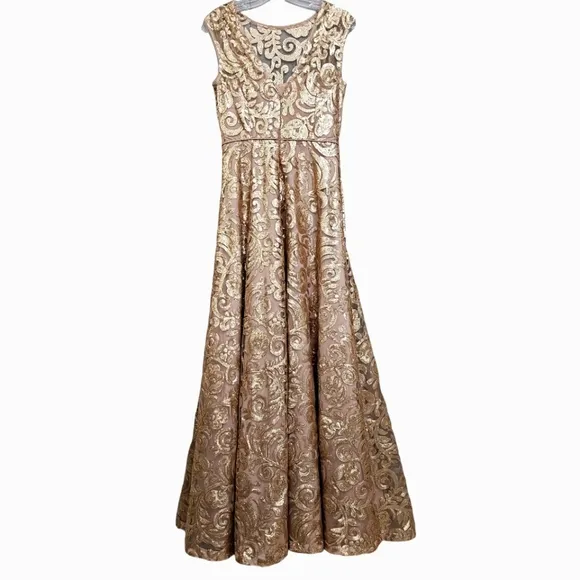 Calvin Klein Gold Sequin w/Nude Boat Neck A-line Sleeveless Evening Prom Gown