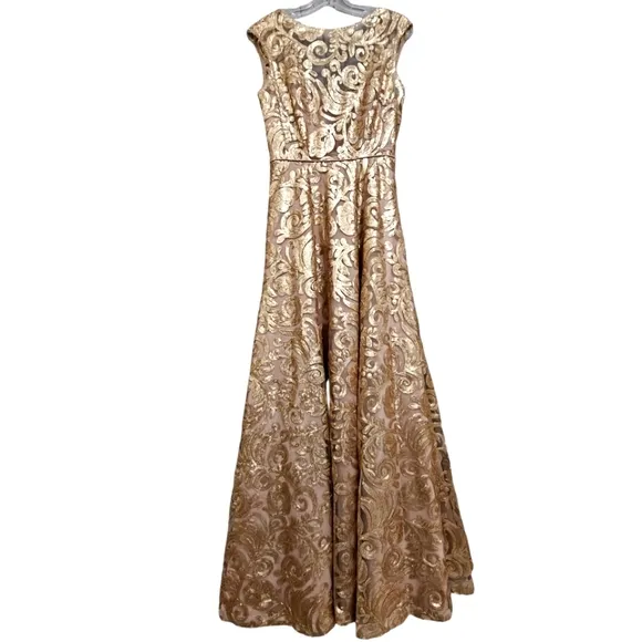 Calvin Klein Gold Sequin w/Nude Boat Neck A-line Sleeveless Evening Prom Gown
