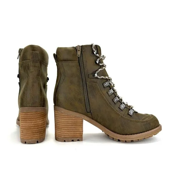 CARLOS SANTANA “ARDENT” ARMY GREEN LACED BLOCK HEEL ANKLE/BOOTIES/COMBAT BOOTS