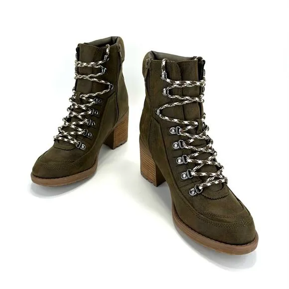 CARLOS SANTANA “ARDENT” ARMY GREEN LACED BLOCK HEEL ANKLE/BOOTIES/COMBAT BOOTS