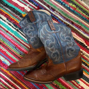 Cavender's Men's Tobacco/Blue Feather Weight Wide Square Toe Cowboy Boots 8.5 EE