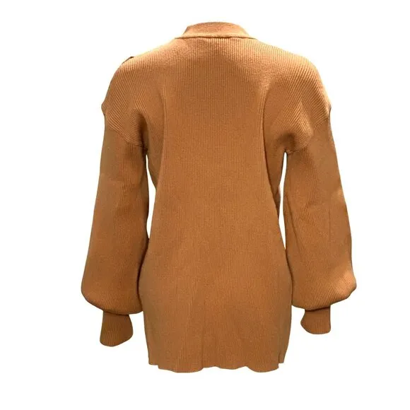 CCC Brown Cutout Sweater Ribbed Knit Gigi Neckline Bishop Sleeves Size Extra LG