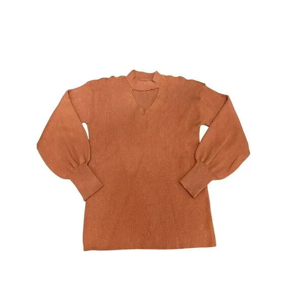 CCC Brown Cutout Sweater Ribbed Knit Gigi Neckline Bishop Sleeves Size Extra LG