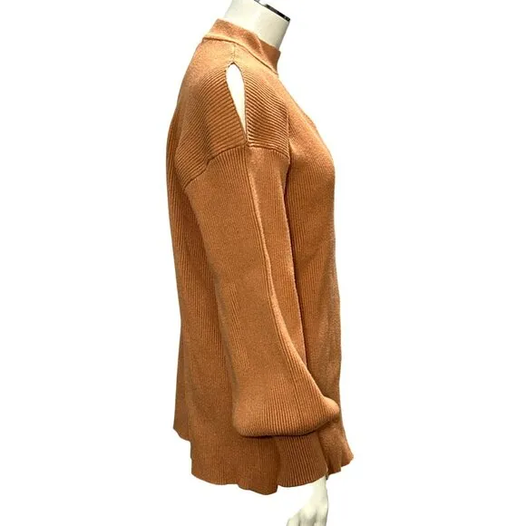 CCC Brown Cutout Sweater Ribbed Knit Gigi Neckline Bishop Sleeves Size Extra LG