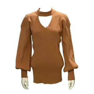 CCC Brown Cutout Sweater Ribbed Knit Gigi Neckline Bishop Sleeves Size Extra LG
