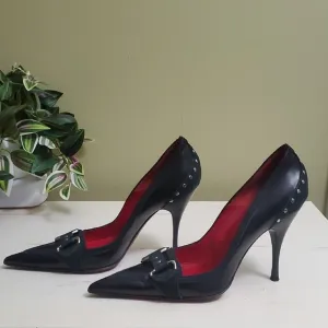 Cesare Paciotti | Black Leather Stiletto Pumps with Metal Accents Sz 37