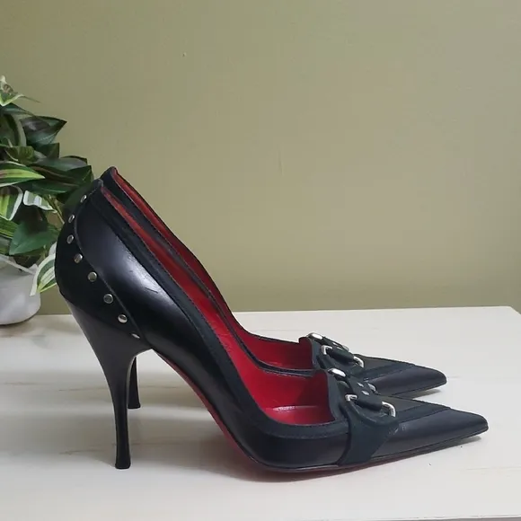 Cesare Paciotti | Black Leather Stiletto Pumps with Metal Accents Sz 37