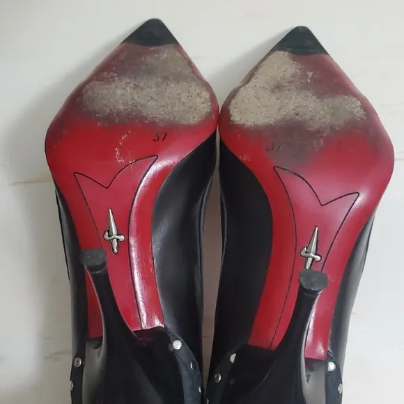 Cesare Paciotti | Black Leather Stiletto Pumps with Metal Accents Sz 37