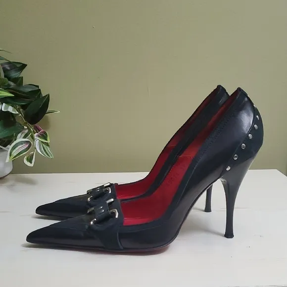 Cesare Paciotti | Black Leather Stiletto Pumps with Metal Accents Sz 37