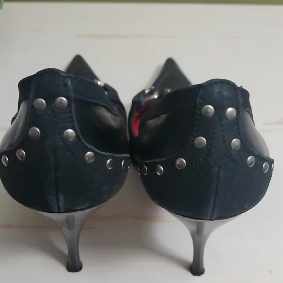 Cesare Paciotti | Black Leather Stiletto Pumps with Metal Accents Sz 37