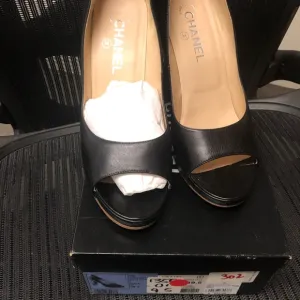 Chanel peep toe black leather shoes