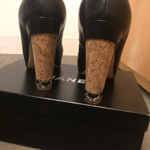 Chanel peep toe black leather shoes