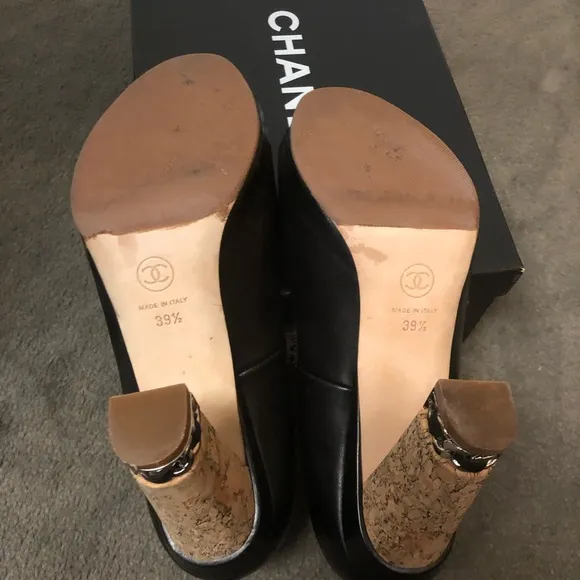 Chanel peep toe black leather shoes