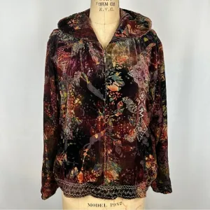 Chico’s Embroidered Beaded Hoodie Velour Zip Up Long Sleeve Fleece Jacket