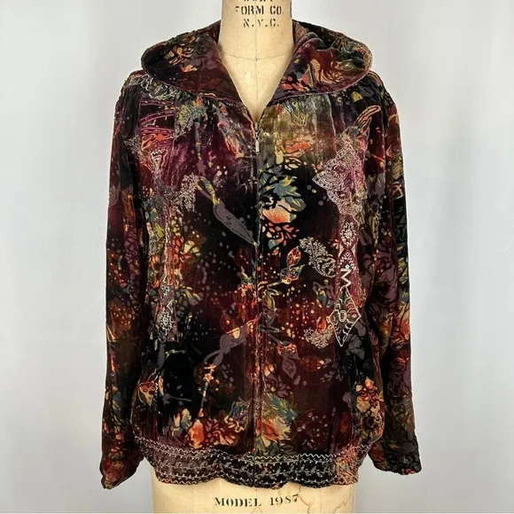 Chico’s Embroidered Beaded Hoodie Velour Zip Up Long Sleeve Fleece Jacket