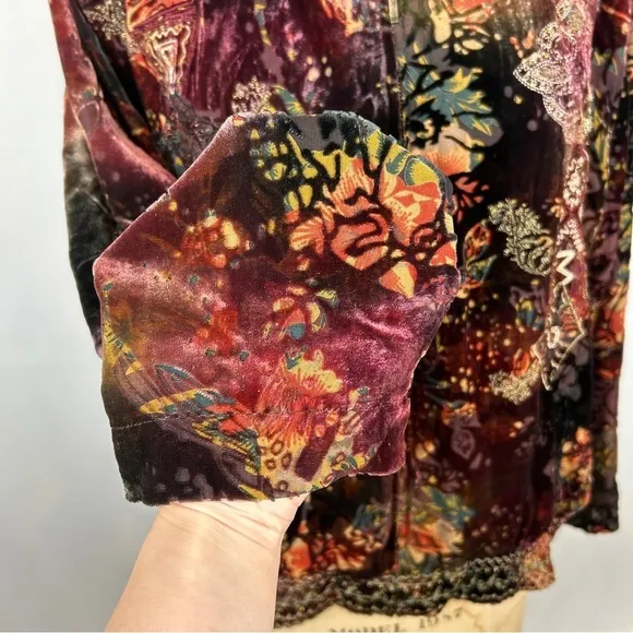 Chico’s Embroidered Beaded Hoodie Velour Zip Up Long Sleeve Fleece Jacket