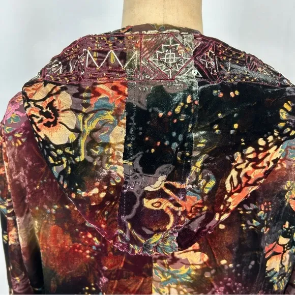 Chico’s Embroidered Beaded Hoodie Velour Zip Up Long Sleeve Fleece Jacket